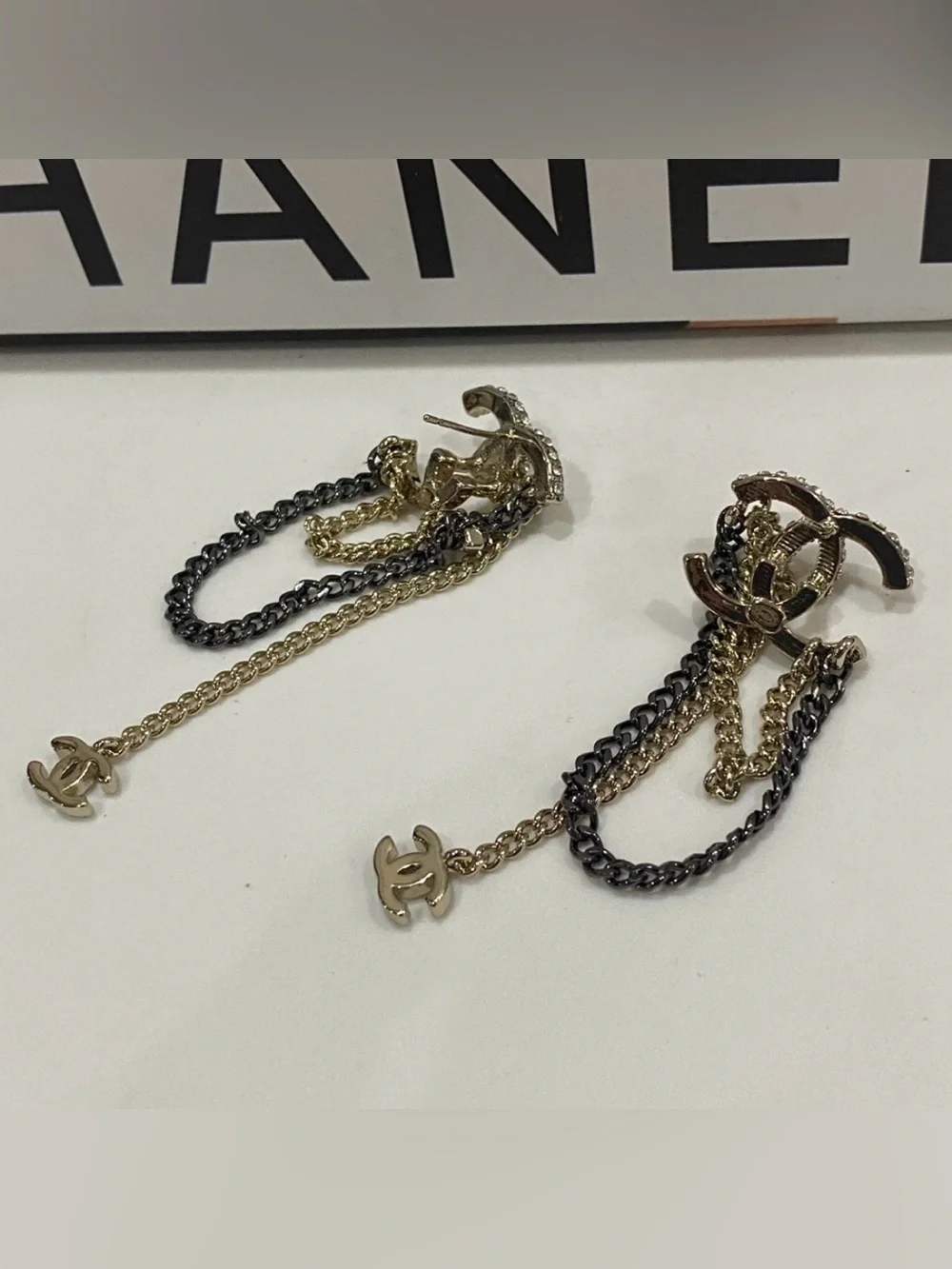 Double C Crystal Drop Chain in Black and Gold Crystal Embellished Logo Earrings